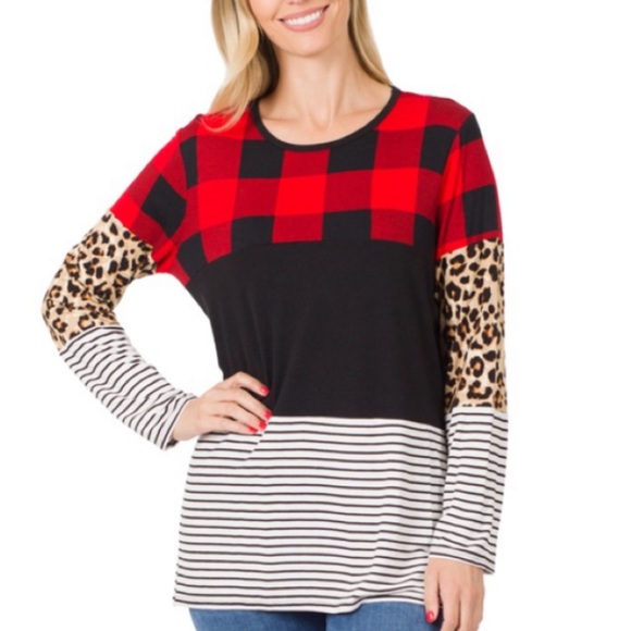 Chic Nation Tops - leopard striped - -Color Block Plaid Top